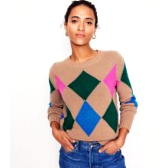 Boden Women's Sweater Argyle Crewneck Diamond Jumper Camel Melange Small NWT - Picture 1 of 12